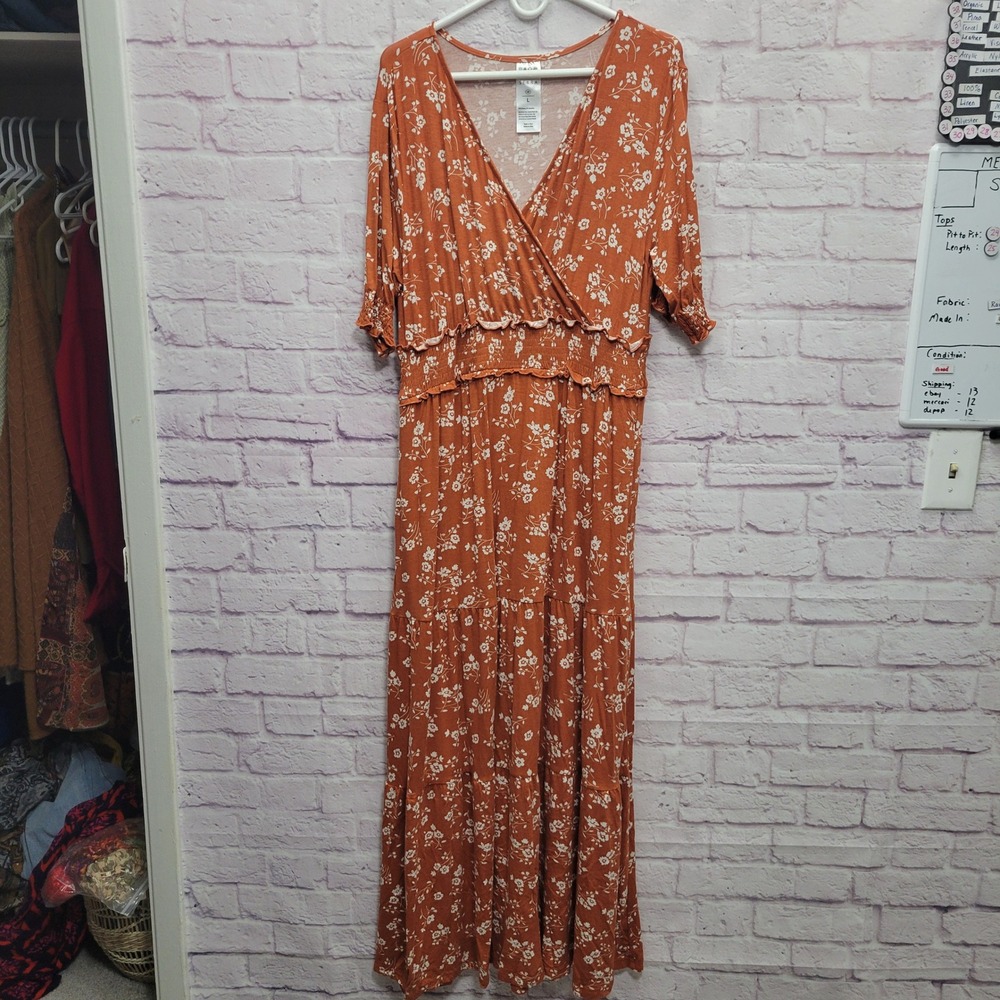 Serra Boho Floral Maxi Dress L Smocked Waist Flowy Cottagecore Prairie Peasant